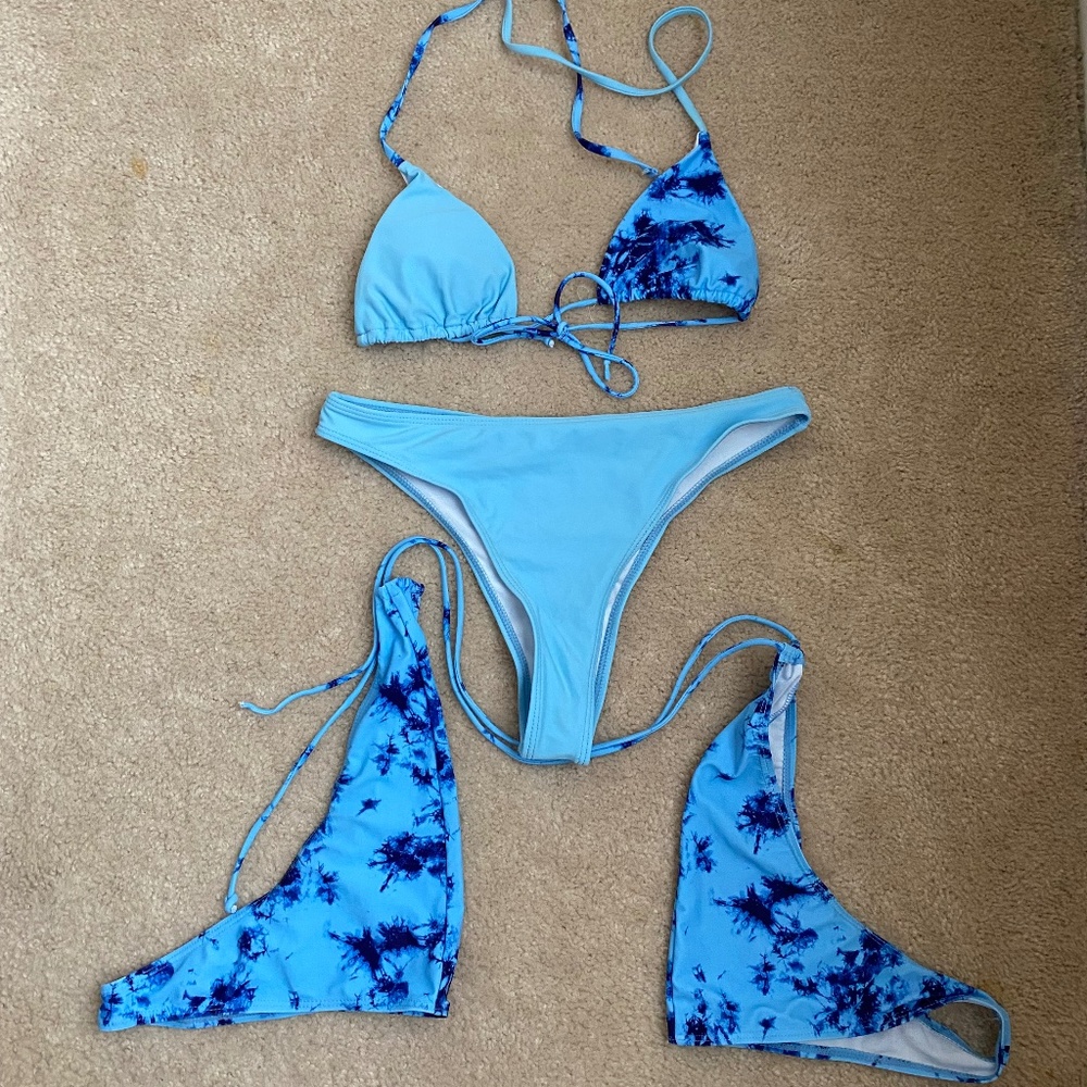 BLUE TIE DYE 3 PIECE BIKINI W/ CUT OUT SHORTS